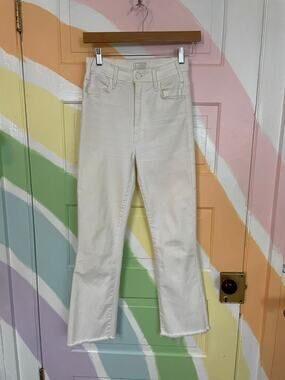 MOTHER Hustler Ankle Fray White Cropped Flare Jeans Size 25 USA